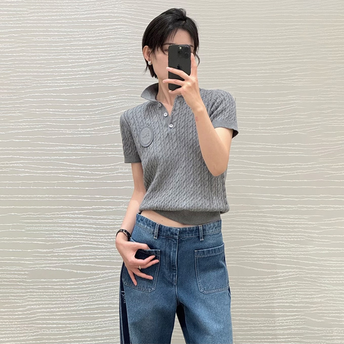 dior cable knit polo collar short sleeve knit top
